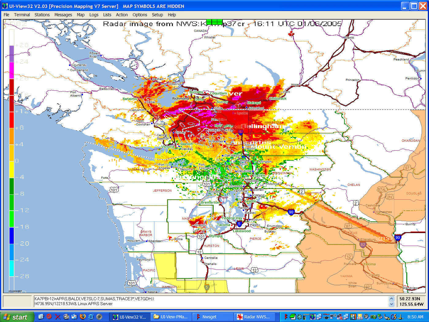 Screenshot of Radar Seattle-Tacoma WA radar image. Displayed on PMapServer7.05 in UI-View32.Click picture to go back.